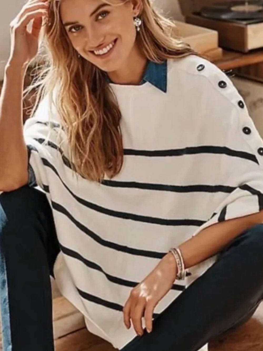 J. Jill Striped Knit Cape Poncho Sweater One Size Button Detail Navy White